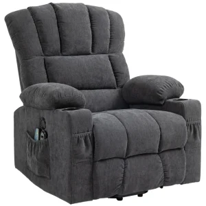 Elektrisk massagefåtölj med ståhjälp, värme och 8 massagezoner – mörkgrå recliner med USB & Typ-C-port