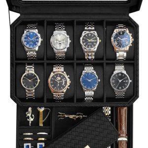 Klock- & smyckesbox med glaslock – 8 fack, 2 nivåer, lås, PU-läder bläcksvart, reseetui ingår