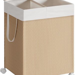 Tvättkorg 100 L med 2 fack, avtagbar tvättpåse och hjul – natur/beige