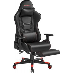 Ergonomisk gamingstol med justerbart ryggstöd och fotstöd i svart-röd design
