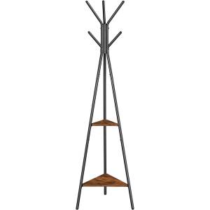 Klädhängare i metall och trä, med hyllor, svart/brun
