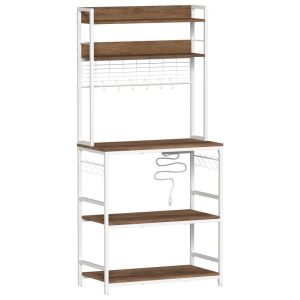 Kökshylla med eluttag, hylla för mikrovågsugn, arbetsbänk och 14 krokar – vintage brun/vit