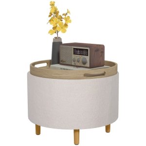 Multifunktionellt möbel med förvaring och bricka – Modern design i ek och teddypäls