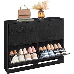 Skoskåp för hallen i svart med 4 luckor och justerbara hyllor – tippskydd, rymmer upp till 28 par, 24 cm djupt