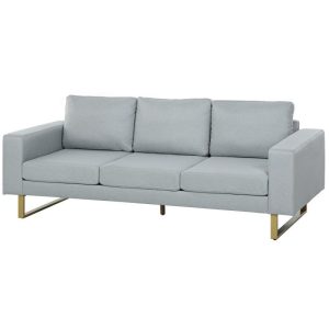 Soffa 3-sits i Ljusgrå Linneimitation med Bronsfärgade Ben – 200 x 82 x 78 cm