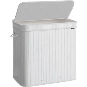 Vit Bambu Tvättkorg med Lock – 150 Liter, Tvättbar Påse med Handtag