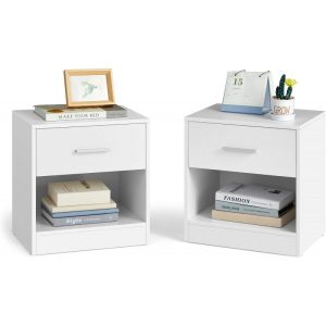 Vita sängbord 2-pack – Sidobord med låda och hyllfack, 28 x 39 x 41 cm