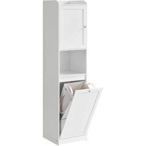 Vitt högt förvaringsskåp för badrum med tvättkorg och öppen hylla