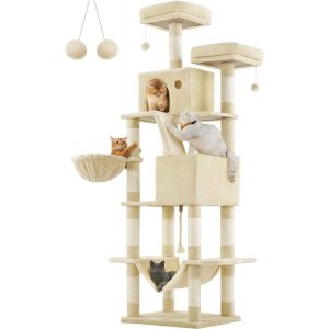 XXL klösträd i ljusbeige med två mysiga grottor – höjd 206 cm